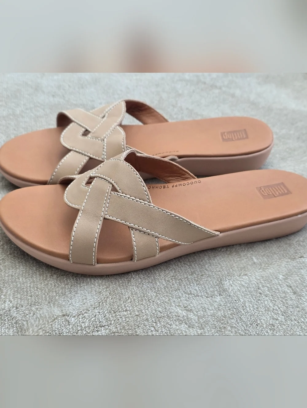 FitFlop Gracie Leather Intertwined Slide Sandals Beige - Size 9